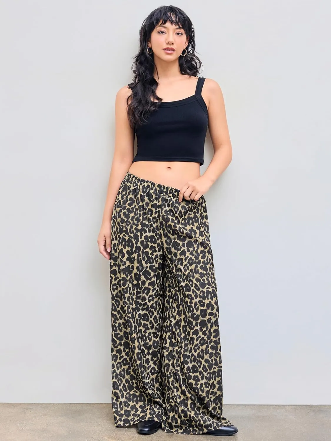 CIDER Leopard Pants Women Wide Leg Trousers Animal Print Mid Waist Elastic Casual Long Pants Streetwear