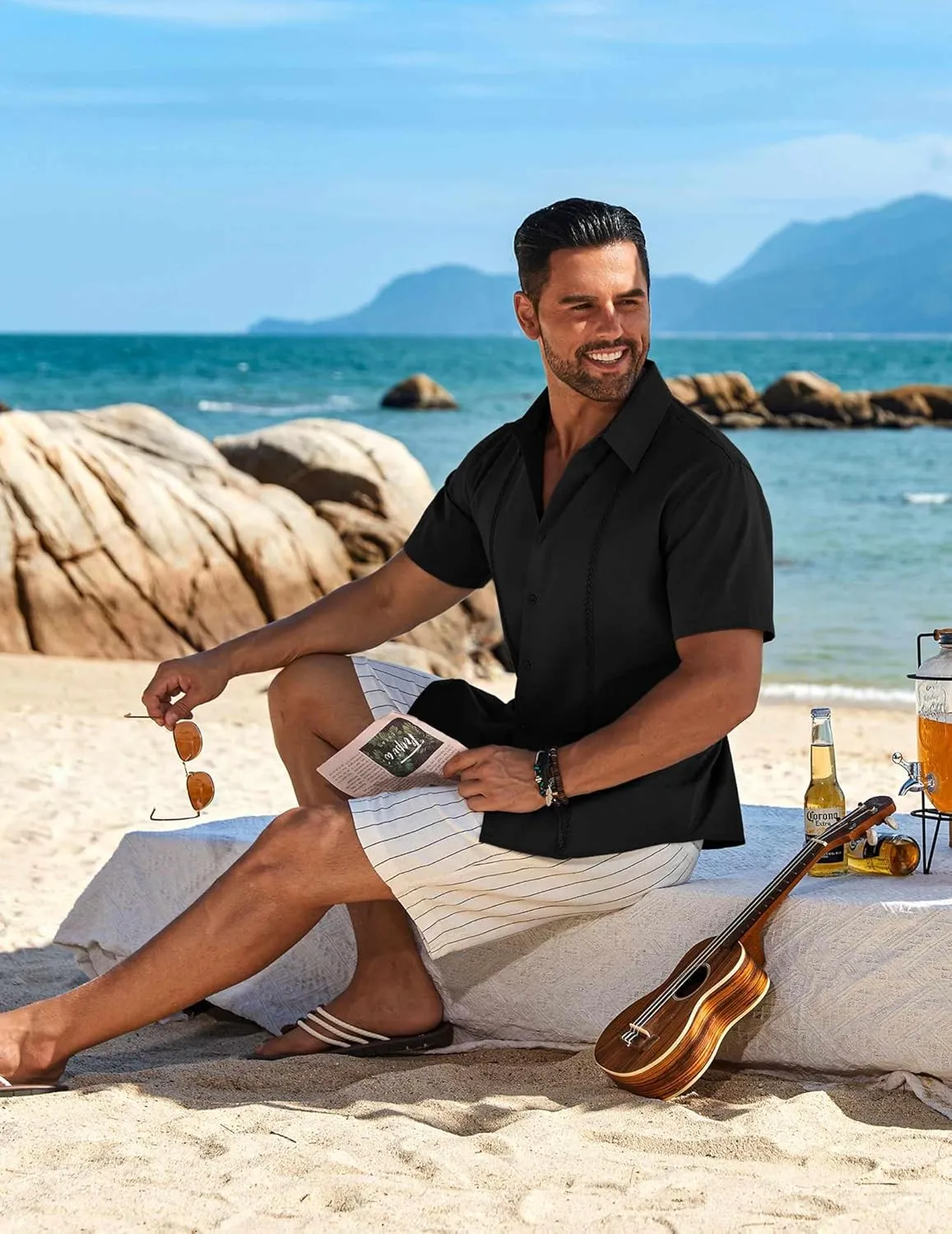 COOFANDY Mens Cuban Guayabera Short Sleeve Shirt Casual Summer Beach Tops Button Down Untucked Shirts