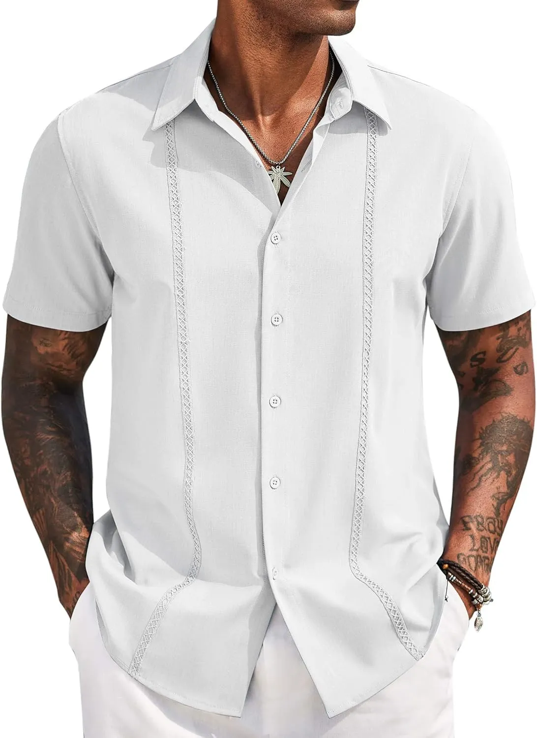 COOFANDY Mens Cuban Guayabera Short Sleeve Shirt Casual Summer Beach Tops Button Down Untucked Shirts