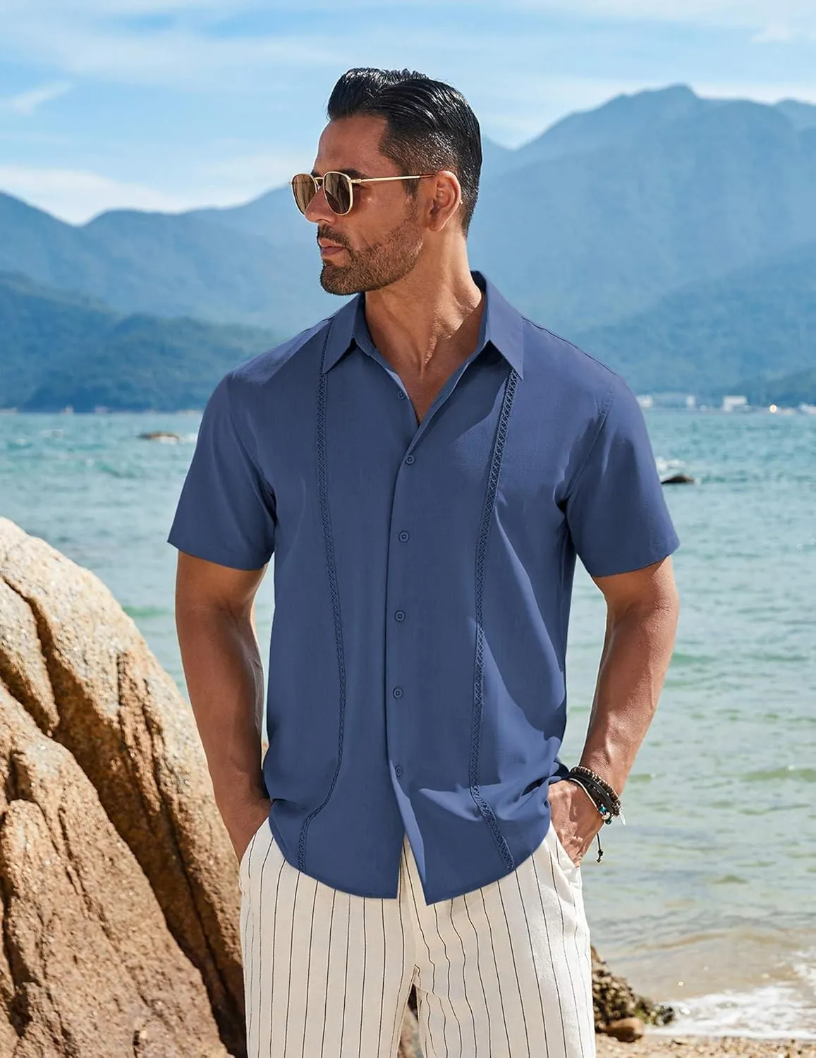 COOFANDY Mens Cuban Guayabera Short Sleeve Shirt Casual Summer Beach Tops Button Down Untucked Shirts