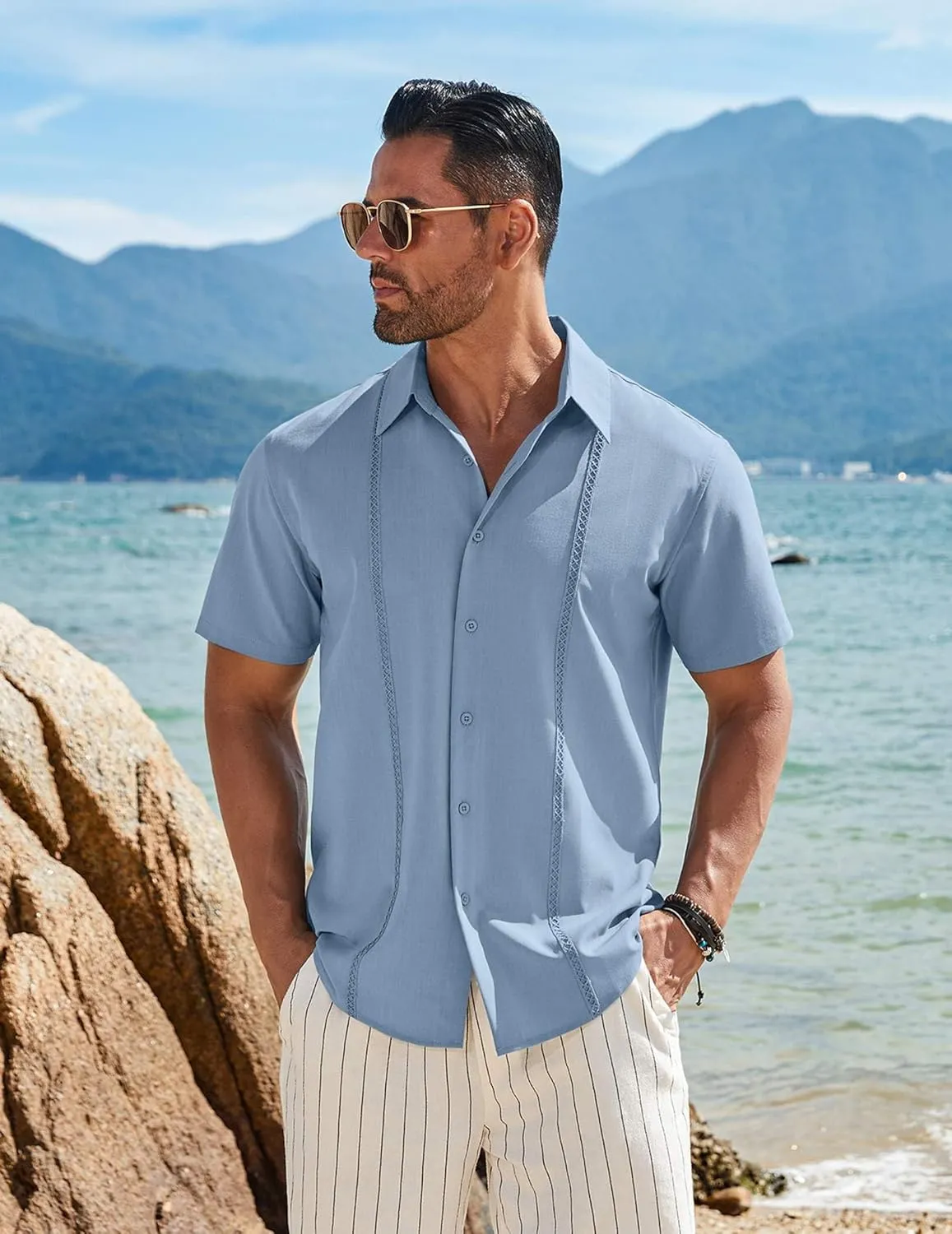 COOFANDY Mens Cuban Guayabera Short Sleeve Shirt Casual Summer Beach Tops Button Down Untucked Shirts
