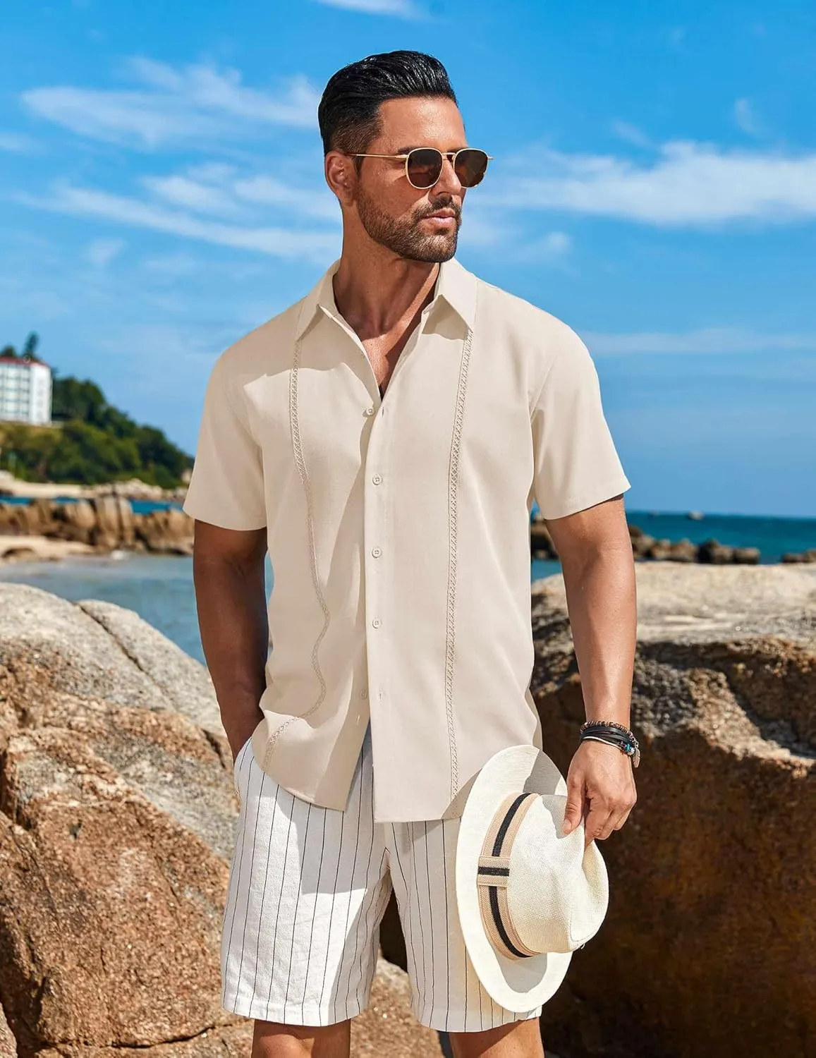 COOFANDY Mens Cuban Guayabera Short Sleeve Shirt Casual Summer Beach Tops Button Down Untucked Shirts