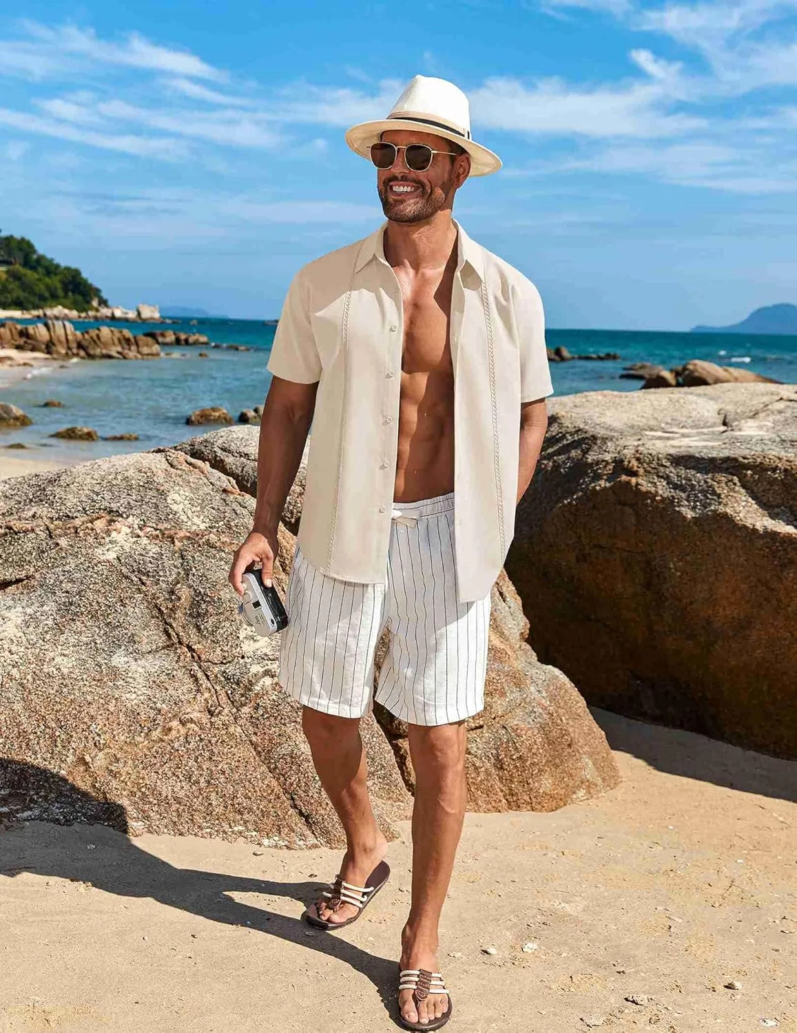 COOFANDY Mens Cuban Guayabera Short Sleeve Shirt Casual Summer Beach Tops Button Down Untucked Shirts