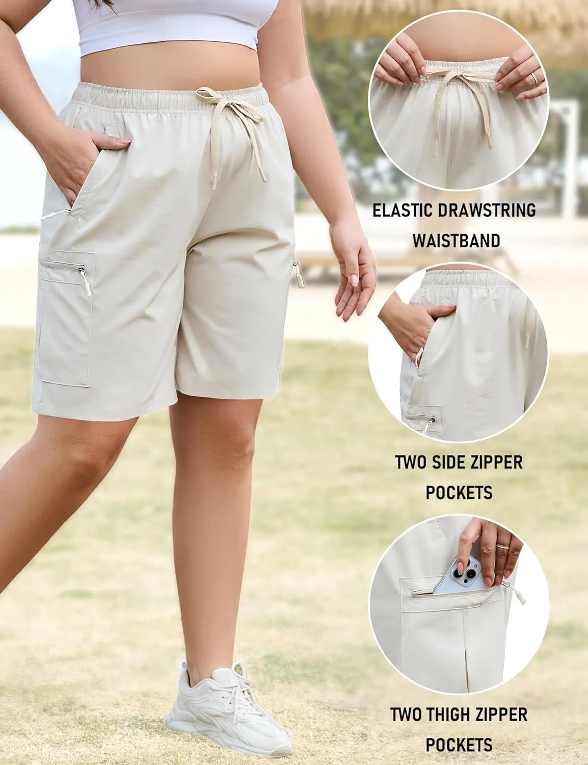 COOTRY Women's Plus Size 9'' Hiking Cargo Shorts Quick Dry Athletic Summer Shorts for Travel Golf with Zipper Pockets