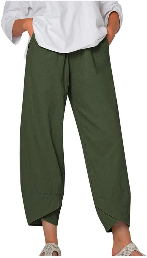 Costaric Cotton Linen Casual Summer Capri Pants Printed Cropped Comfy Baggy Trousers with Pockets Palazzo Lounge Pants
