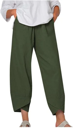 Costaric Cotton Linen Casual Summer Capri Pants Printed Cropped Comfy Baggy Trousers with Pockets Palazzo Lounge Pants