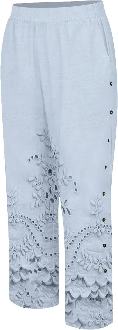Cotton Linen Capri Pants for Women Cotton Elastic Waisted Drawstring High Waist Pants Wide Leg Cropped Trousers