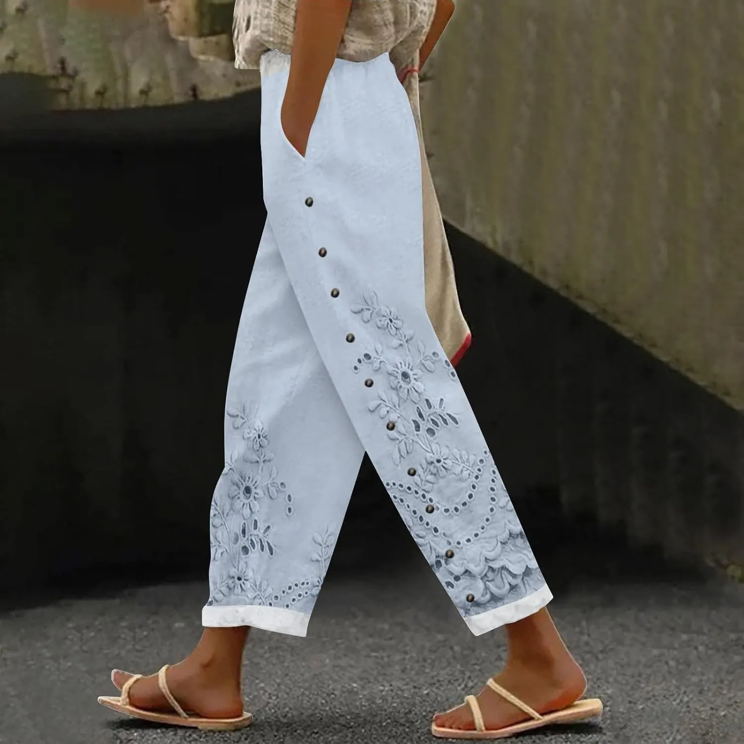 Cotton Linen Capri Pants for Women Cotton Elastic Waisted Drawstring High Waist Pants Wide Leg Cropped Trousers