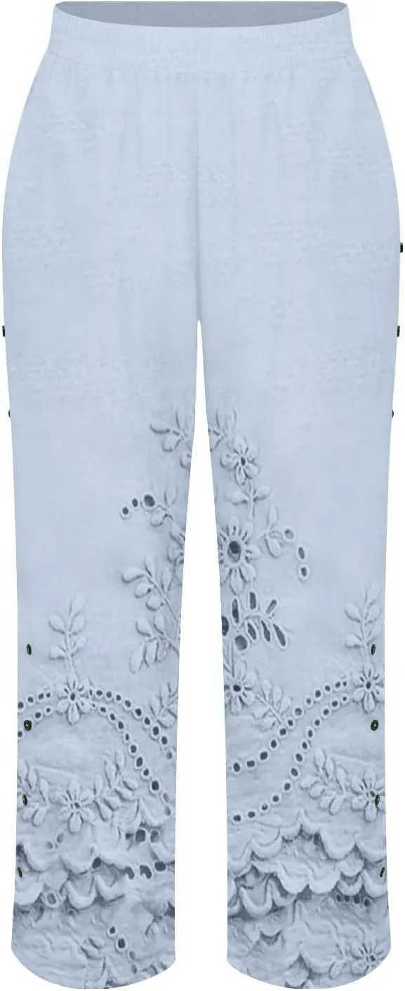 Cotton Linen Capri Pants for Women Cotton Elastic Waisted Drawstring High Waist Pants Wide Leg Cropped Trousers