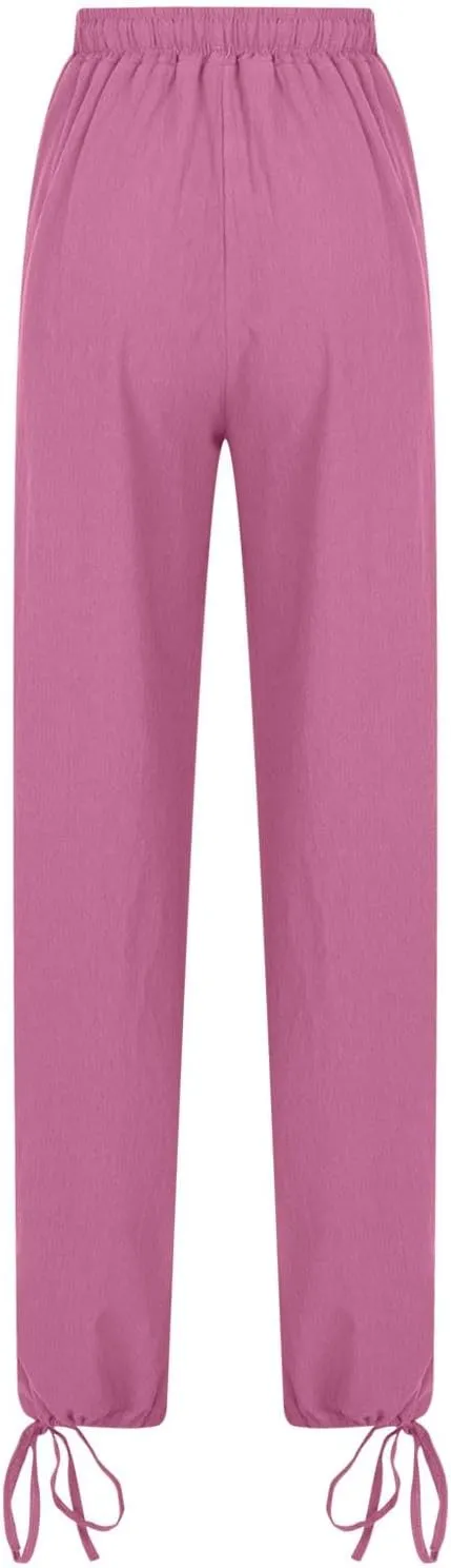Cotton Linen Palazzo Pants for Women Dressy Casual Wide Leg Trousers Casual Elastic High Waisted Slacks with Pockets