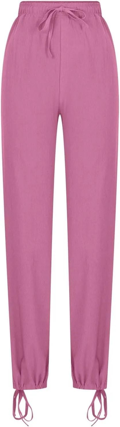 Cotton Linen Palazzo Pants for Women Dressy Casual Wide Leg Trousers Casual Elastic High Waisted Slacks with Pockets