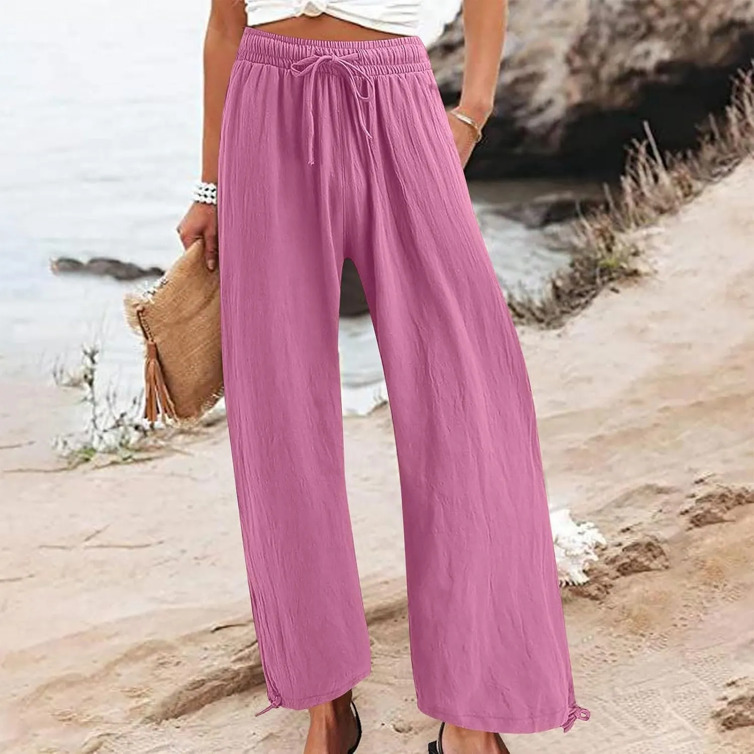 Cotton Linen Palazzo Pants for Women Dressy Casual Wide Leg Trousers Casual Elastic High Waisted Slacks with Pockets