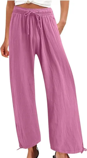 Cotton Linen Palazzo Pants for Women Dressy Casual Wide Leg Trousers Casual Elastic High Waisted Slacks with Pockets