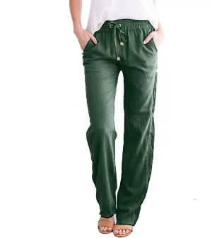 Cotton Linen Pants for Women Printed Capri Pant Plus Size Wide Leg Sweatpants Summer Cropped Elastic Waist Trousers