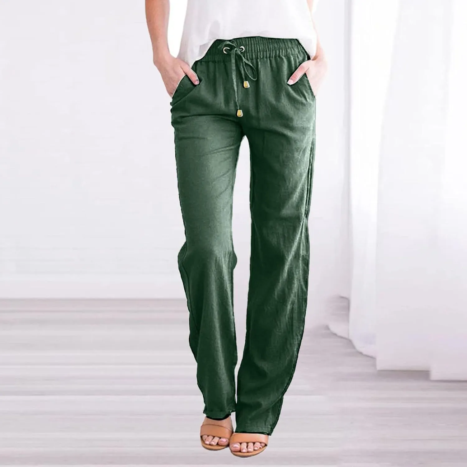Cotton Linen Pants for Women Printed Capri Pant Plus Size Wide Leg Sweatpants Summer Cropped Elastic Waist Trousers