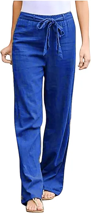 Cotton Linen Pants for Women Summer Palazzo Flowy Pants Wide Leg Beach Pants High Waist Casual Vacation Trouser