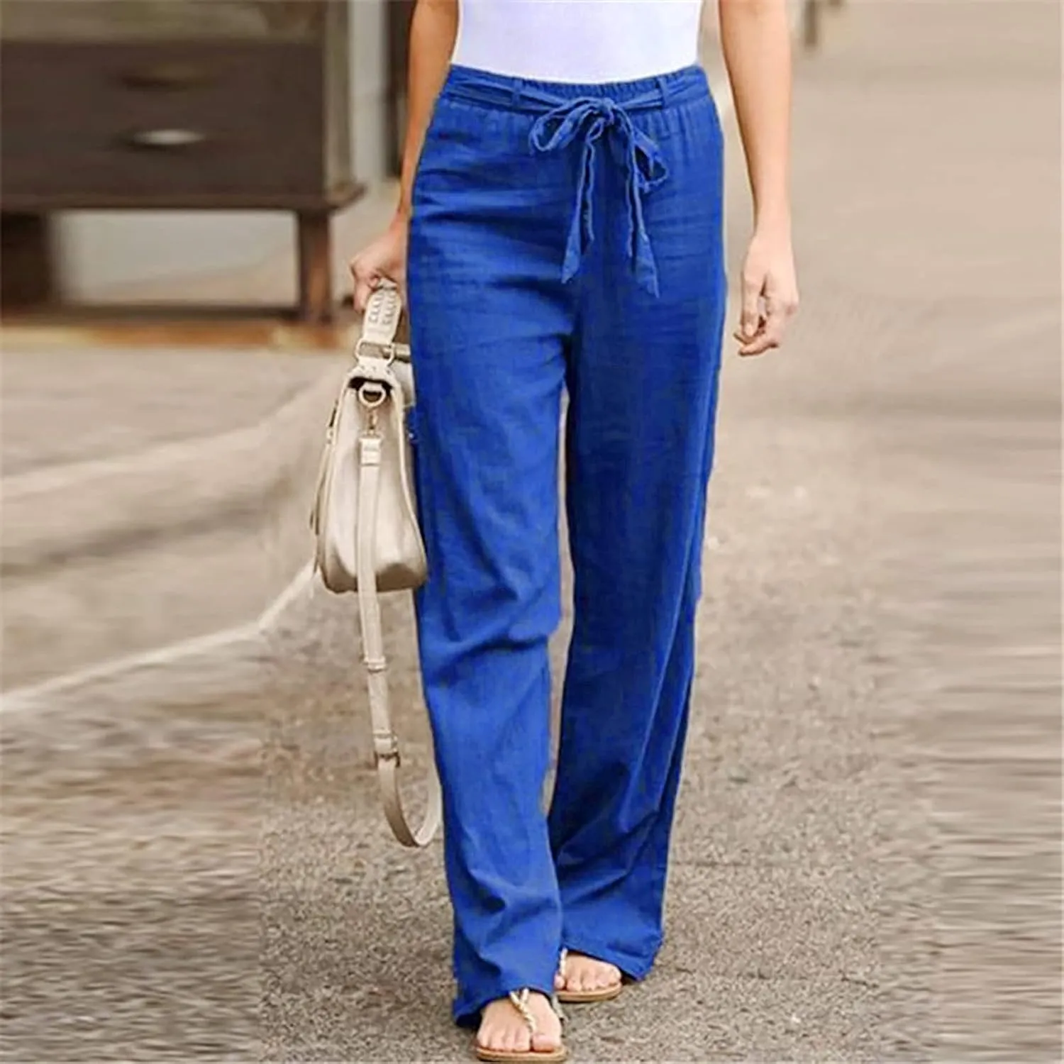 Cotton Linen Pants for Women Summer Palazzo Flowy Pants Wide Leg Beach Pants High Waist Casual Vacation Trouser
