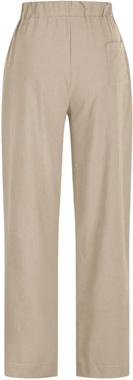 Cotton Linen Pants for Women Summer Wide Leg Pants Drawstring Elastic High Waisted Lounge Pant Casual Beach Trousers