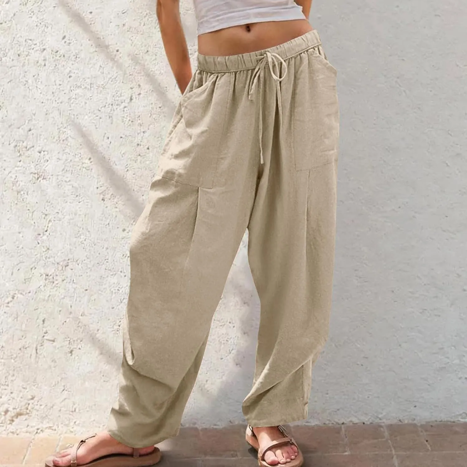 Cotton Linen Pants for Women Summer Wide Leg Pants Drawstring Elastic High Waisted Lounge Pant Casual Beach Trousers