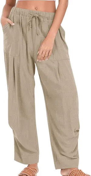 Cotton Linen Pants for Women Summer Wide Leg Pants Drawstring Elastic High Waisted Lounge Pant Casual Beach Trousers