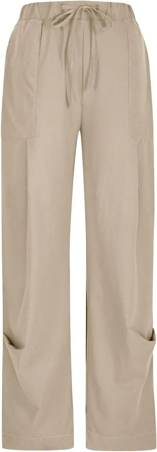 Cotton Linen Pants for Women Summer Wide Leg Pants Drawstring Elastic High Waisted Lounge Pant Casual Beach Trousers
