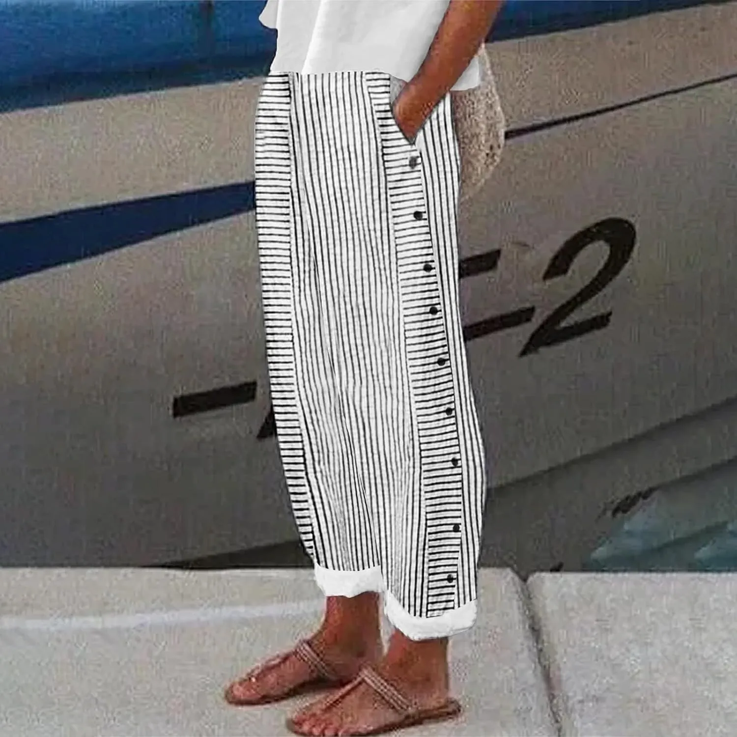 Cotton Linen Pants Women Casual Pant Lightweight Summer Elastic Waist Plus Size Lounge Long Trousers