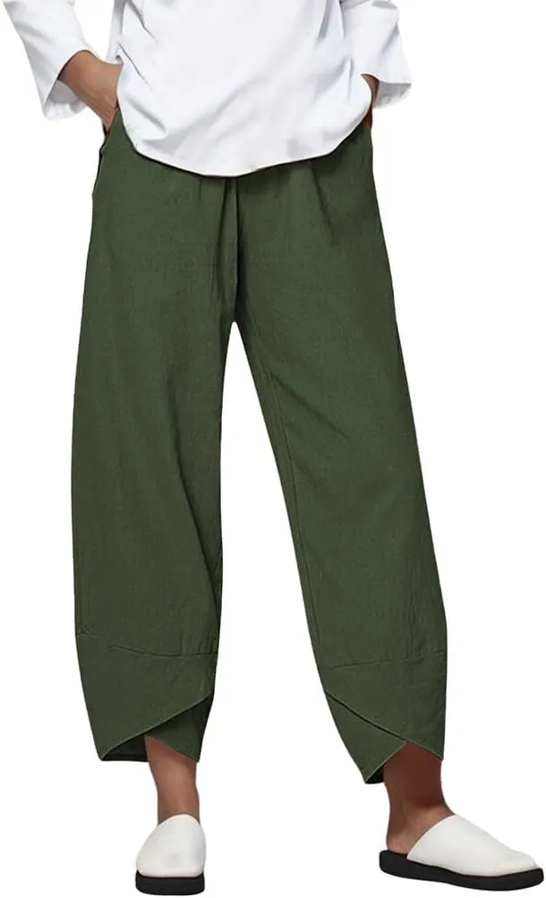 Cotton Linen Pants Women Casual Pant Lightweight Summer Elastic Waist Plus Size Lounge Long Trousers