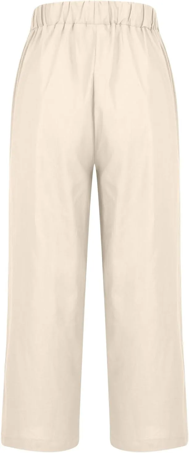 Cotton Linen Pants Women Summer Elastic Waist Crop Pants with Pocket Plus Size Straight Leg Slack Casual Trouser