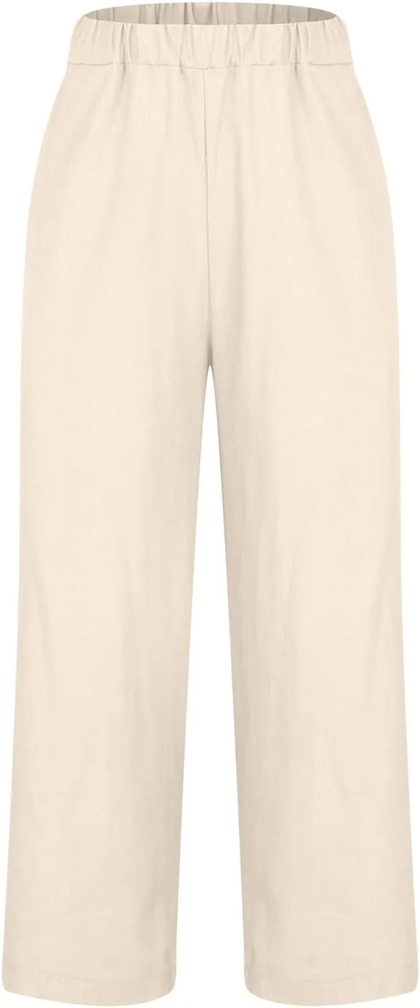 Cotton Linen Pants Women Summer Elastic Waist Crop Pants with Pocket Plus Size Straight Leg Slack Casual Trouser