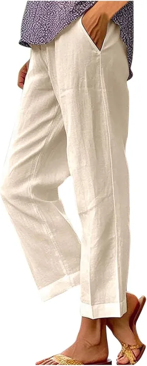 Cotton Linen Pants Women Summer Elastic Waist Crop Pants with Pocket Plus Size Straight Leg Slack Casual Trouser