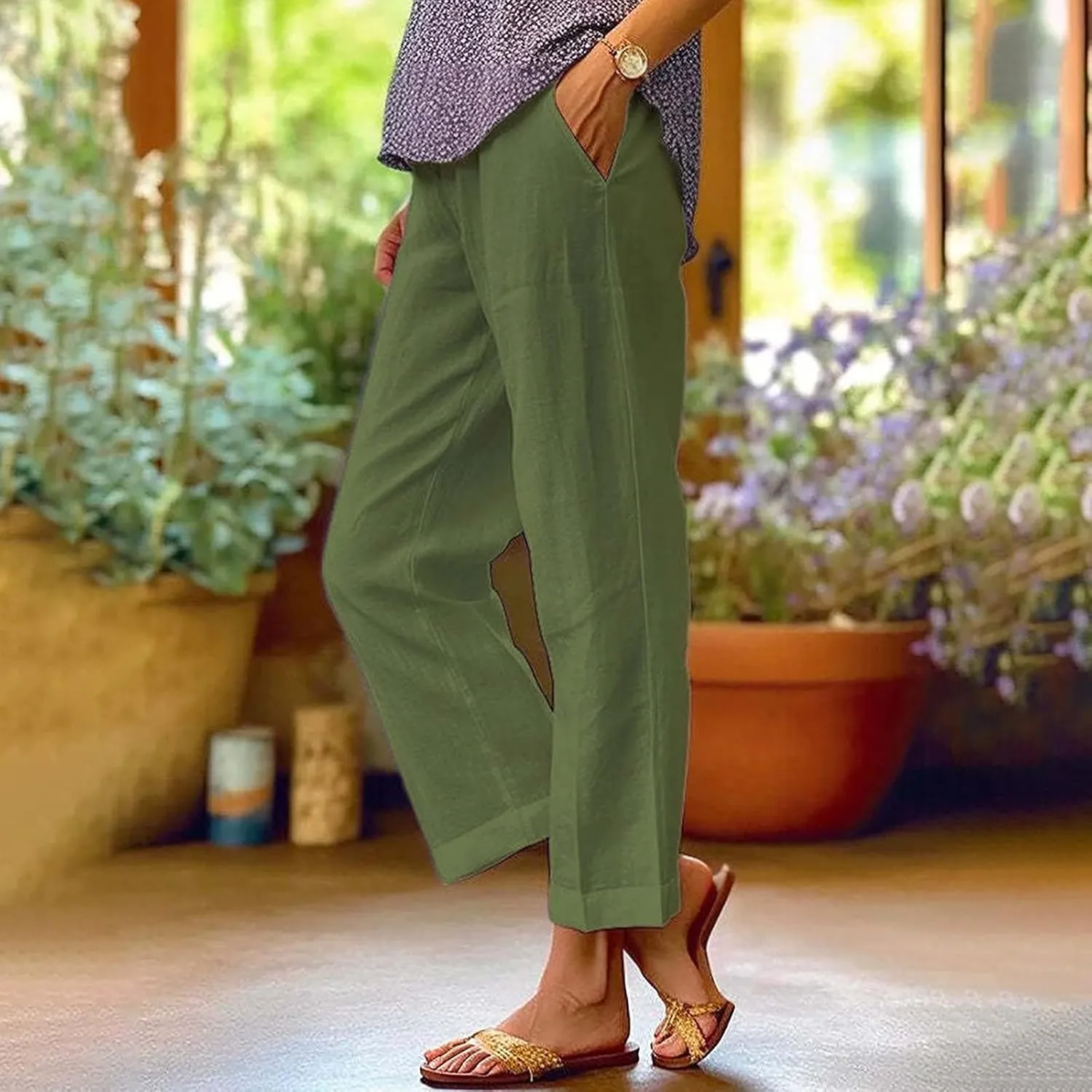 Cropped Linen Pants Women Summer Elastic Waist Straight Leg Capris Plus Size Casual Beach Cropped Pants with Pockets