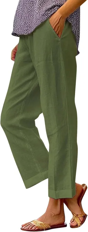 Cropped Linen Pants Women Summer Elastic Waist Straight Leg Capris Plus Size Casual Beach Cropped Pants with Pockets