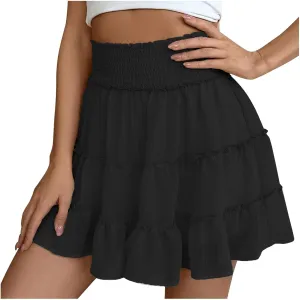 DDAPJ pyju Flowy Shorts for Women Summer Casual Boho Ruffle Tiered Skorts Smocked High Waisted Mini Skirts Built in Shorts