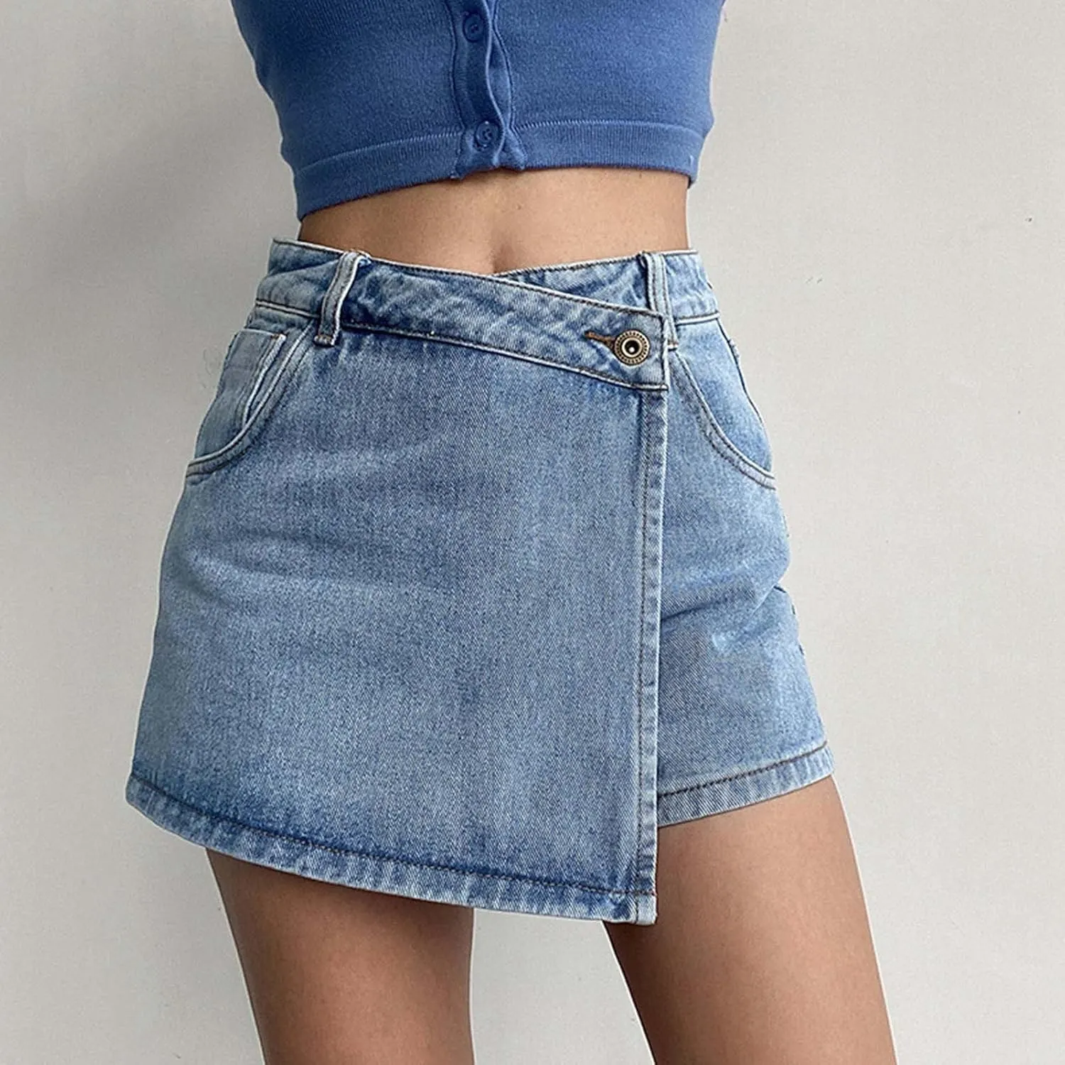 Denim Shorts Women Casual High Waisted Solid Button Up Asymmetrical Denim Jean Skort Skirt Y2K Stretchy Mini Shorts