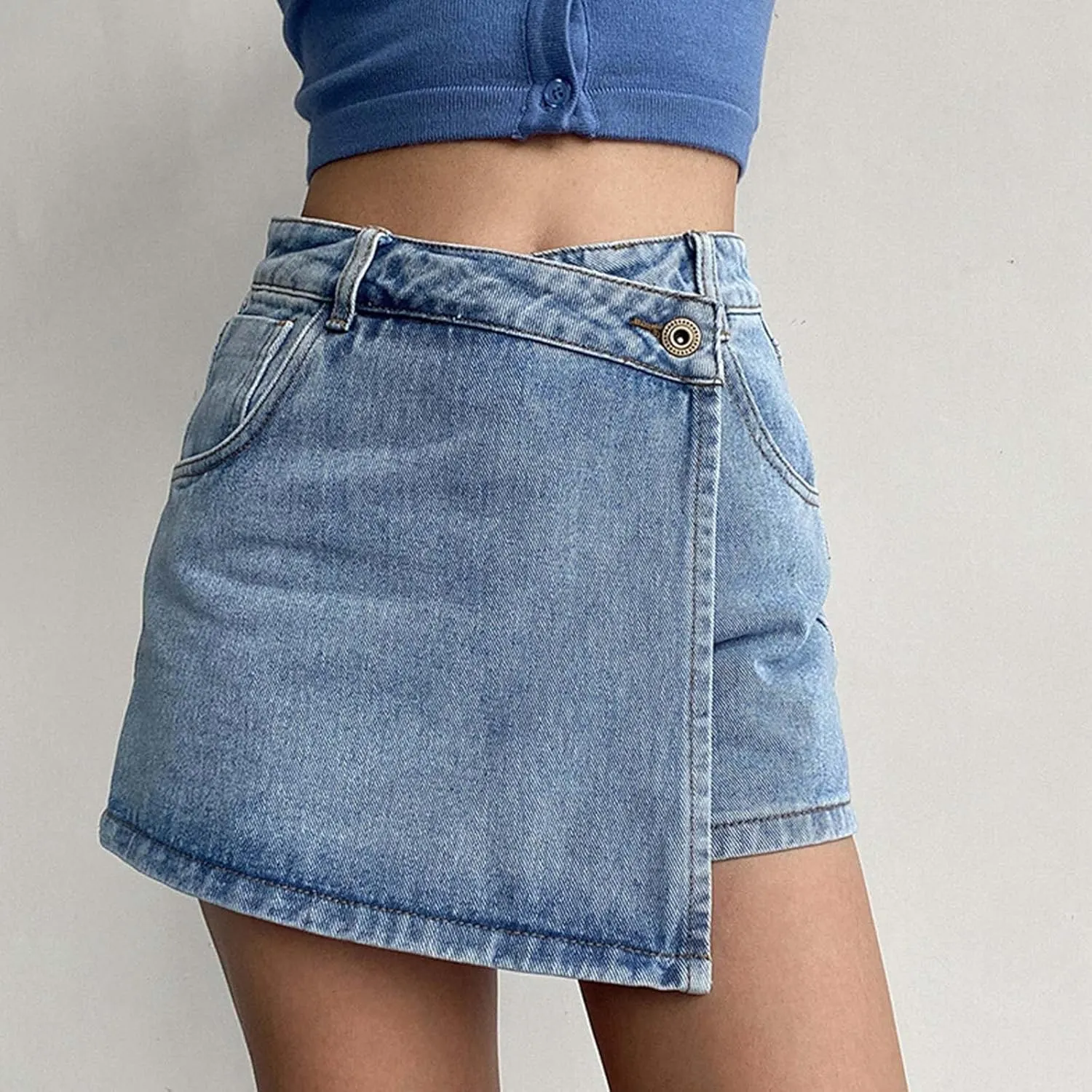 Denim Shorts Women Casual High Waisted Solid Button Up Asymmetrical Denim Jean Skort Skirt Y2K Stretchy Mini Shorts