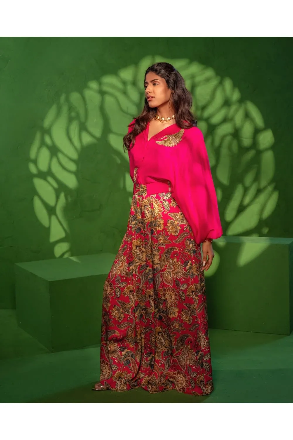 Embroidered Bird Silk Shirt with Printed Loop Pants