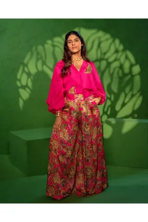 Embroidered Bird Silk Shirt with Printed Loop Pants