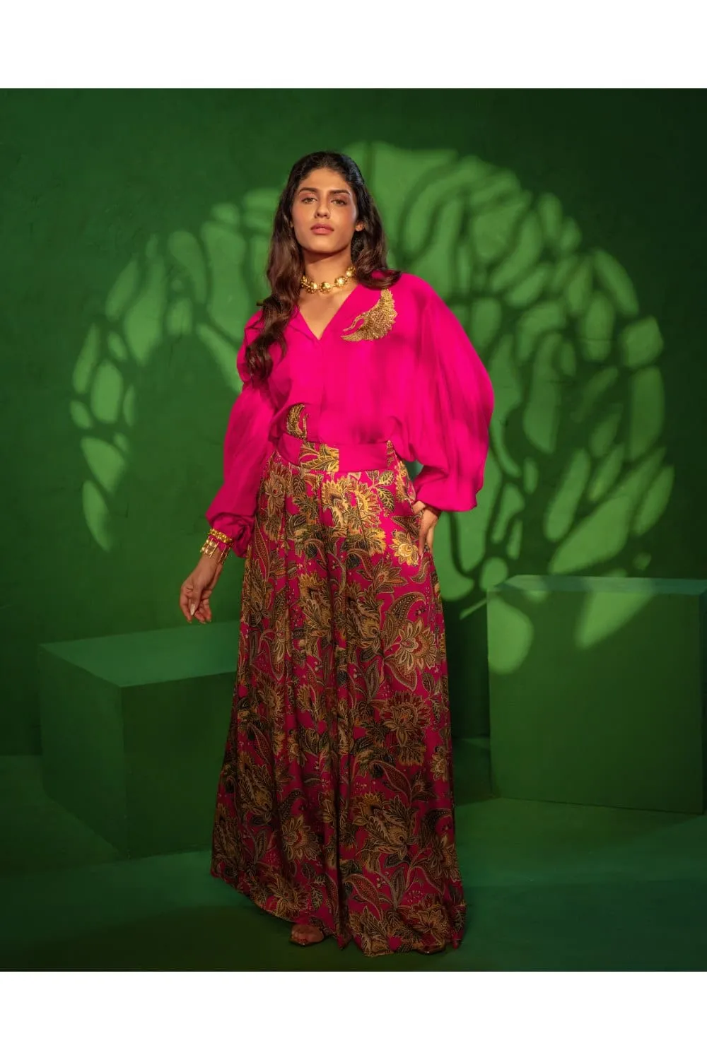 Embroidered Bird Silk Shirt with Printed Loop Pants