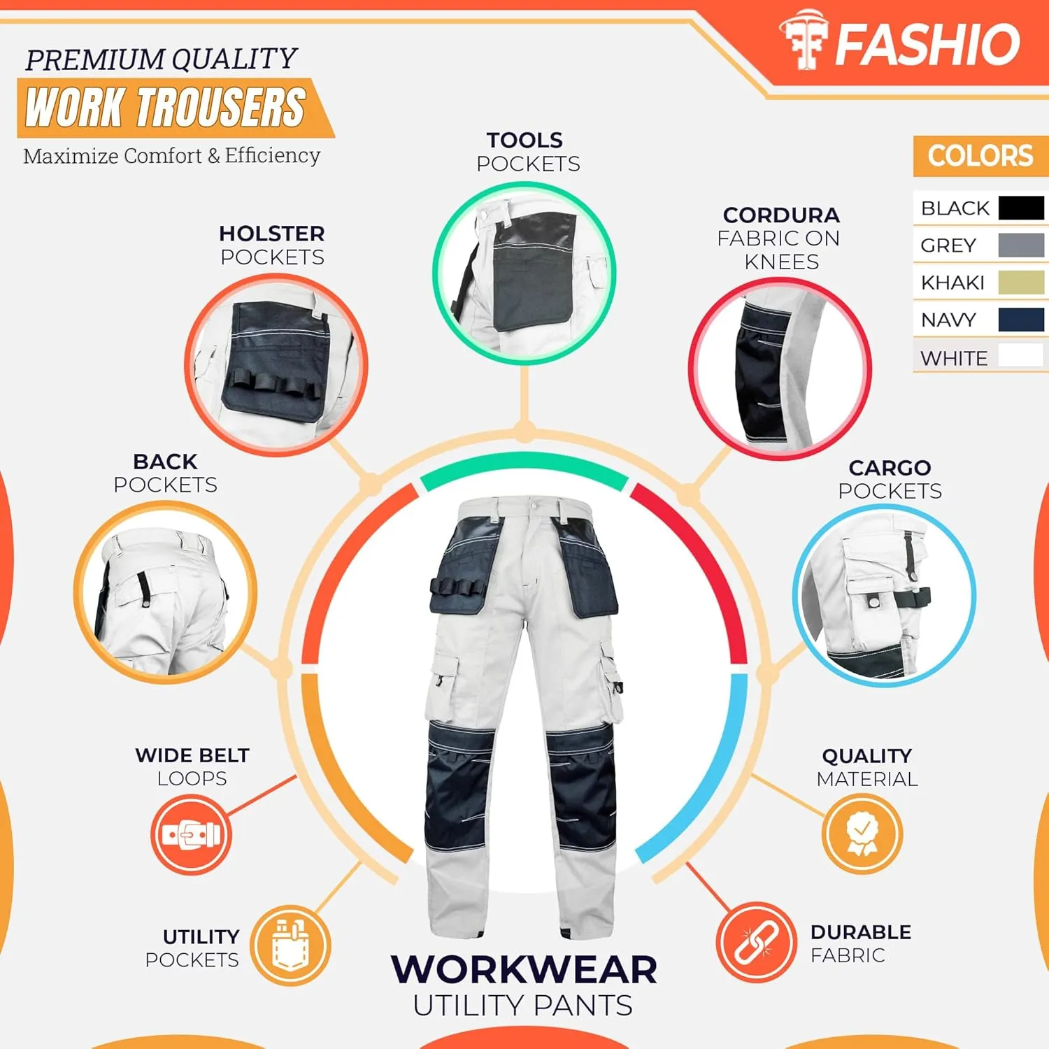 FASHIO FF Men's Cordura Work Pants Tactical Trousers with Utility Tool Pockets Heavy Duty Reinforced Carpenter Safety Pants