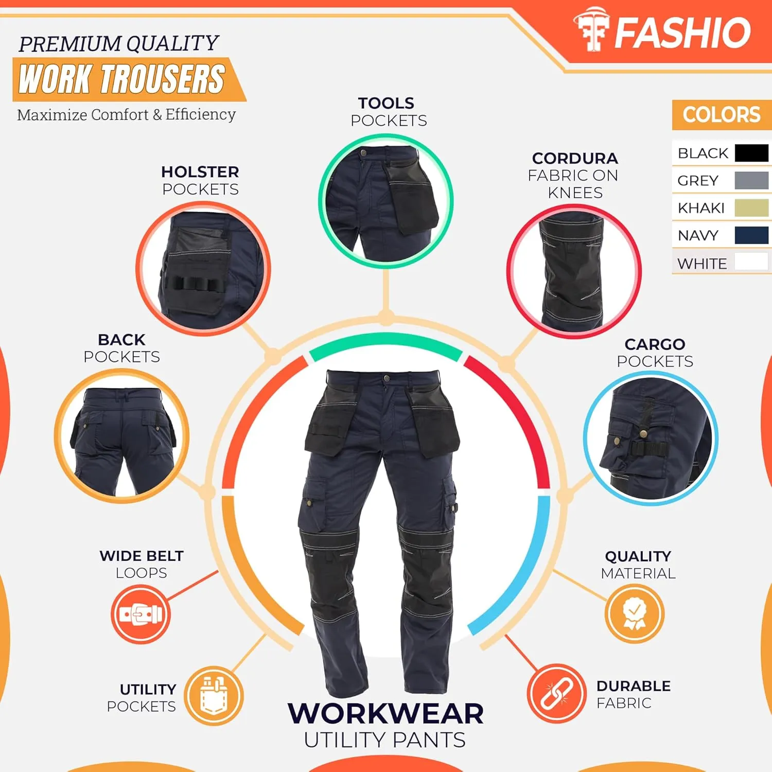 FASHIO FF Men's Cordura Work Pants Tactical Trousers with Utility Tool Pockets Heavy Duty Reinforced Carpenter Safety Pants