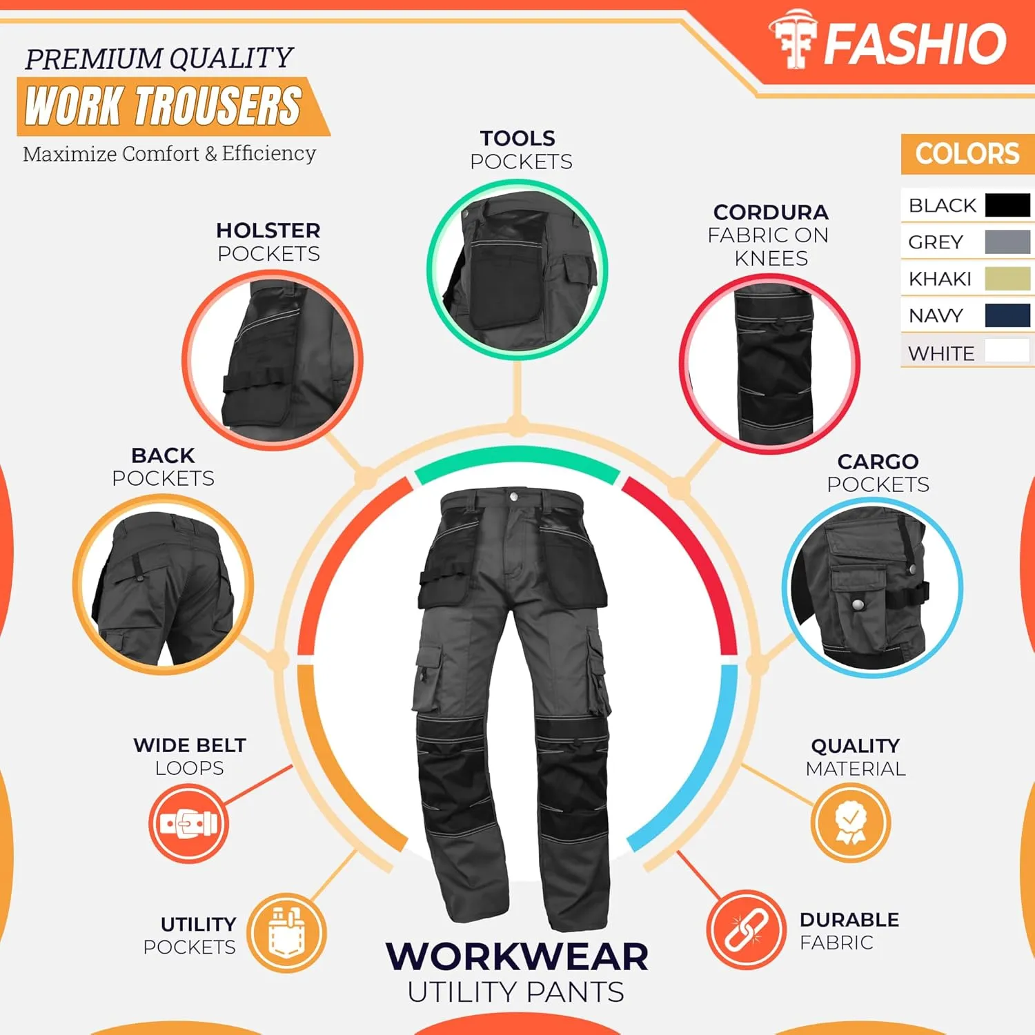 FASHIO FF Men's Cordura Work Pants Tactical Trousers with Utility Tool Pockets Heavy Duty Reinforced Carpenter Safety Pants