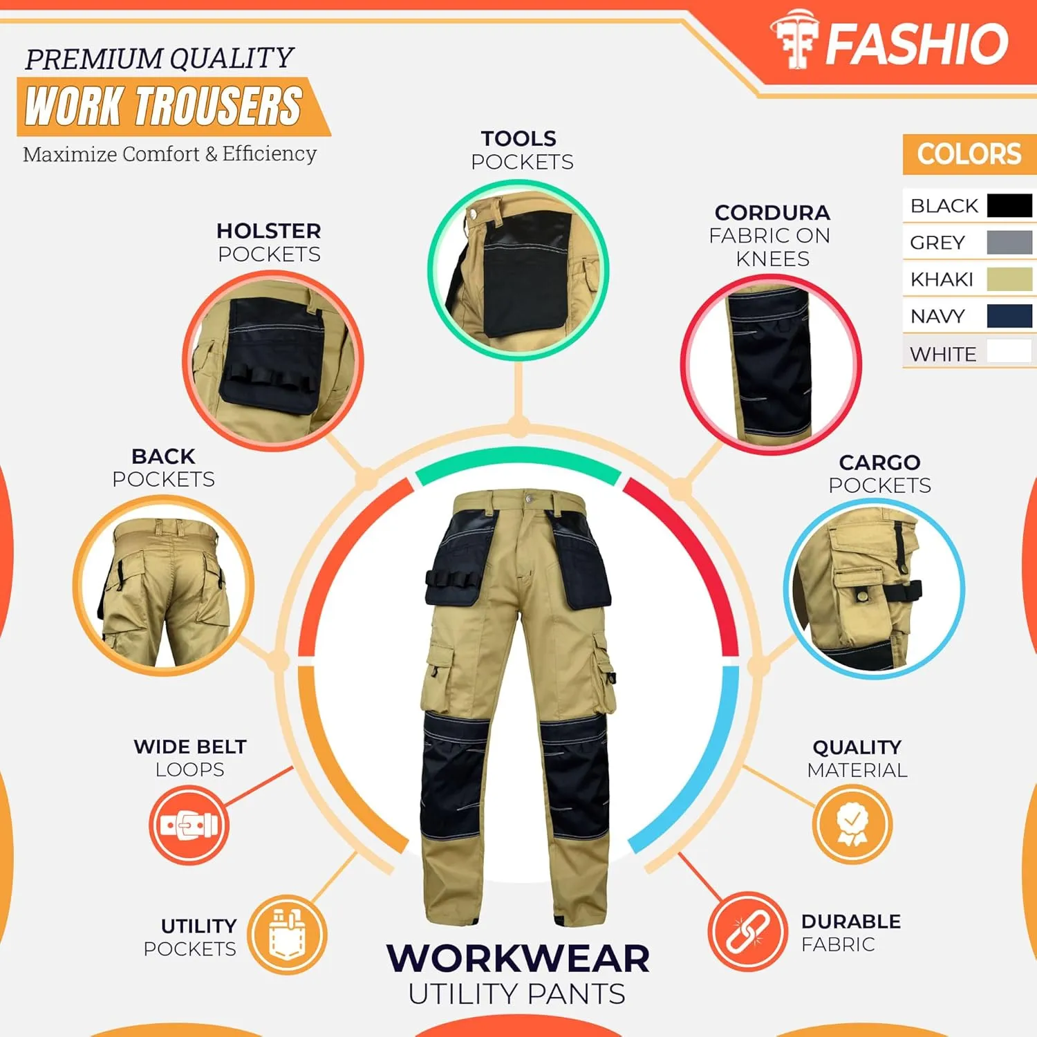 FASHIO FF Men's Cordura Work Pants Tactical Trousers with Utility Tool Pockets Heavy Duty Reinforced Carpenter Safety Pants