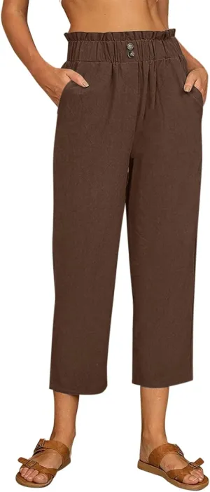 Fashion Women Summer Straight Pants Cotton Linen Trousers Casual High Elastic Waist Nine Point Slimming Pants