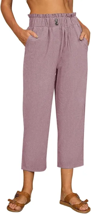 Fashion Women Summer Straight Pants Cotton Linen Trousers Casual High Elastic Waist Nine Point Slimming Pants