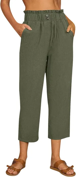 Fashion Women Summer Straight Pants Cotton Linen Trousers Casual High Elastic Waist Nine Point Slimming Pants
