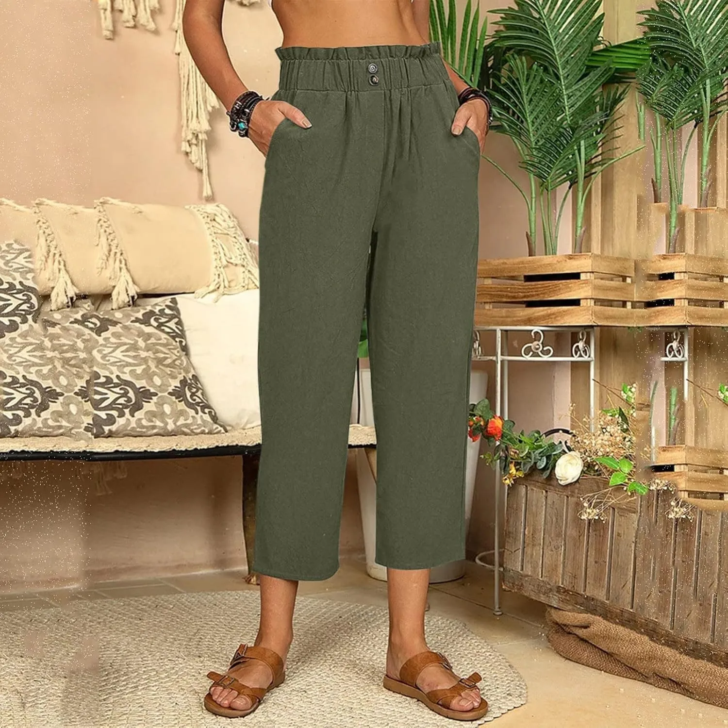 Fashion Women Summer Straight Pants Cotton Linen Trousers Casual High Elastic Waist Nine Point Slimming Pants