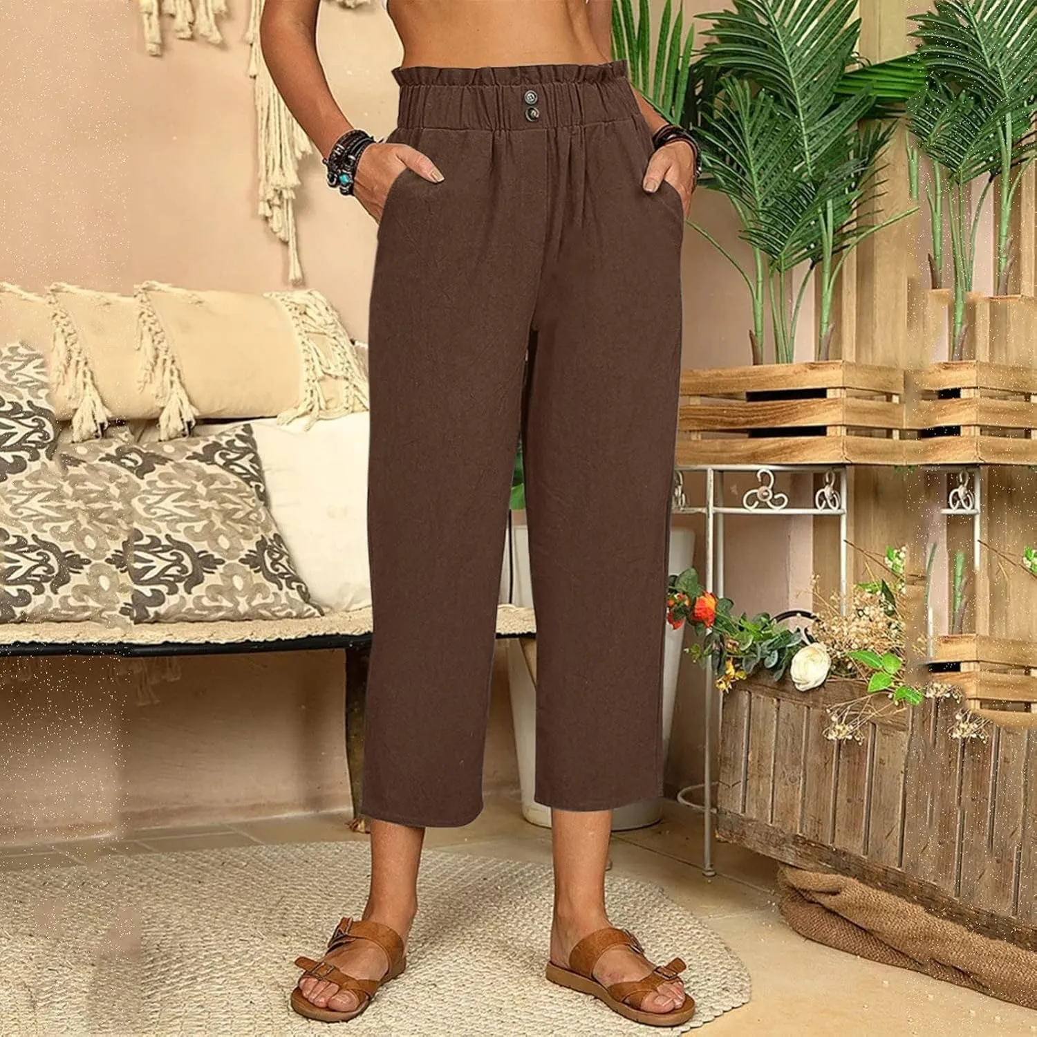 Fashion Women Summer Straight Pants Cotton Linen Trousers Casual High Elastic Waist Nine Point Slimming Pants