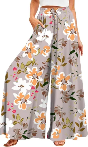FlekmanArt Women's 2025 Summer Wide Leg Palazzo Pants High Waisted Flowy Pockets Trendy Casual Lounge Boho Beach Trouser