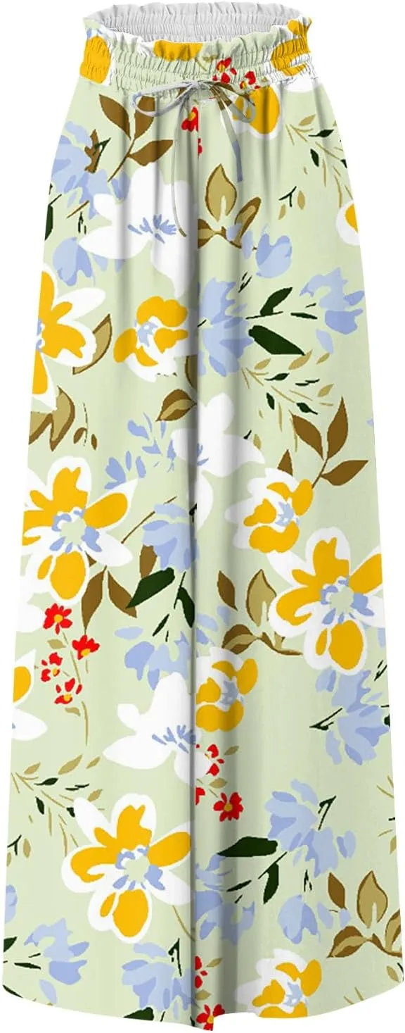 FlekmanArt Women's 2025 Summer Wide Leg Palazzo Pants High Waisted Flowy Pockets Trendy Casual Lounge Boho Beach Trouser