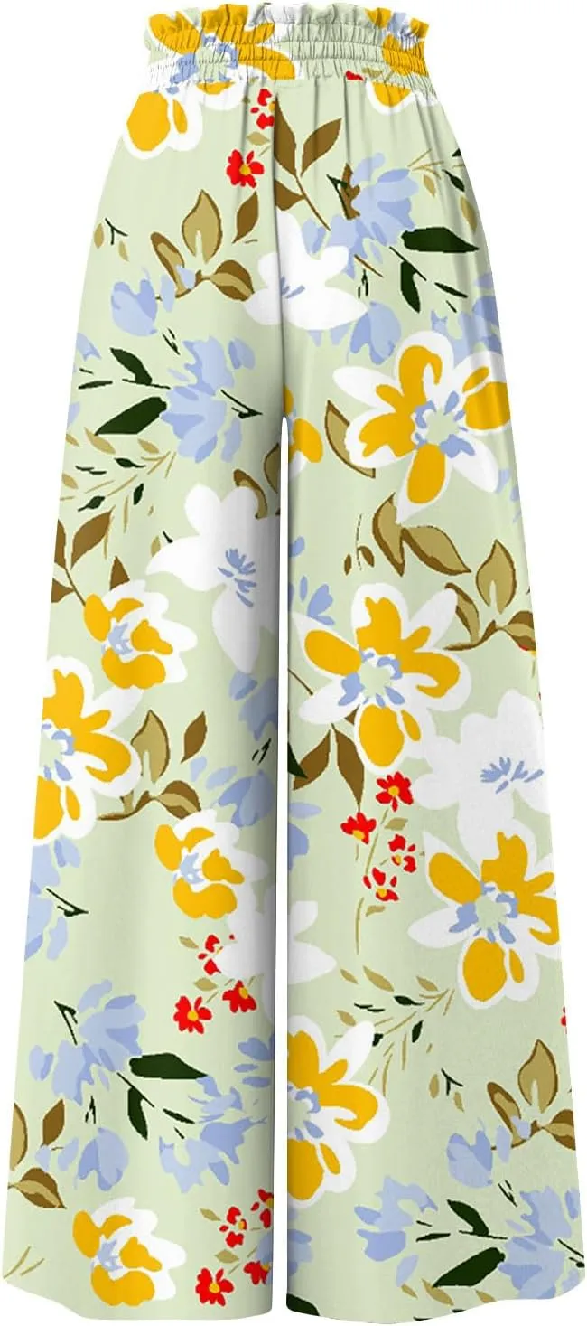 FlekmanArt Women's 2025 Summer Wide Leg Palazzo Pants High Waisted Flowy Pockets Trendy Casual Lounge Boho Beach Trouser